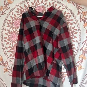 A men’s 2xl sized flannel. Long sleeved, and red, black, and gray colored.